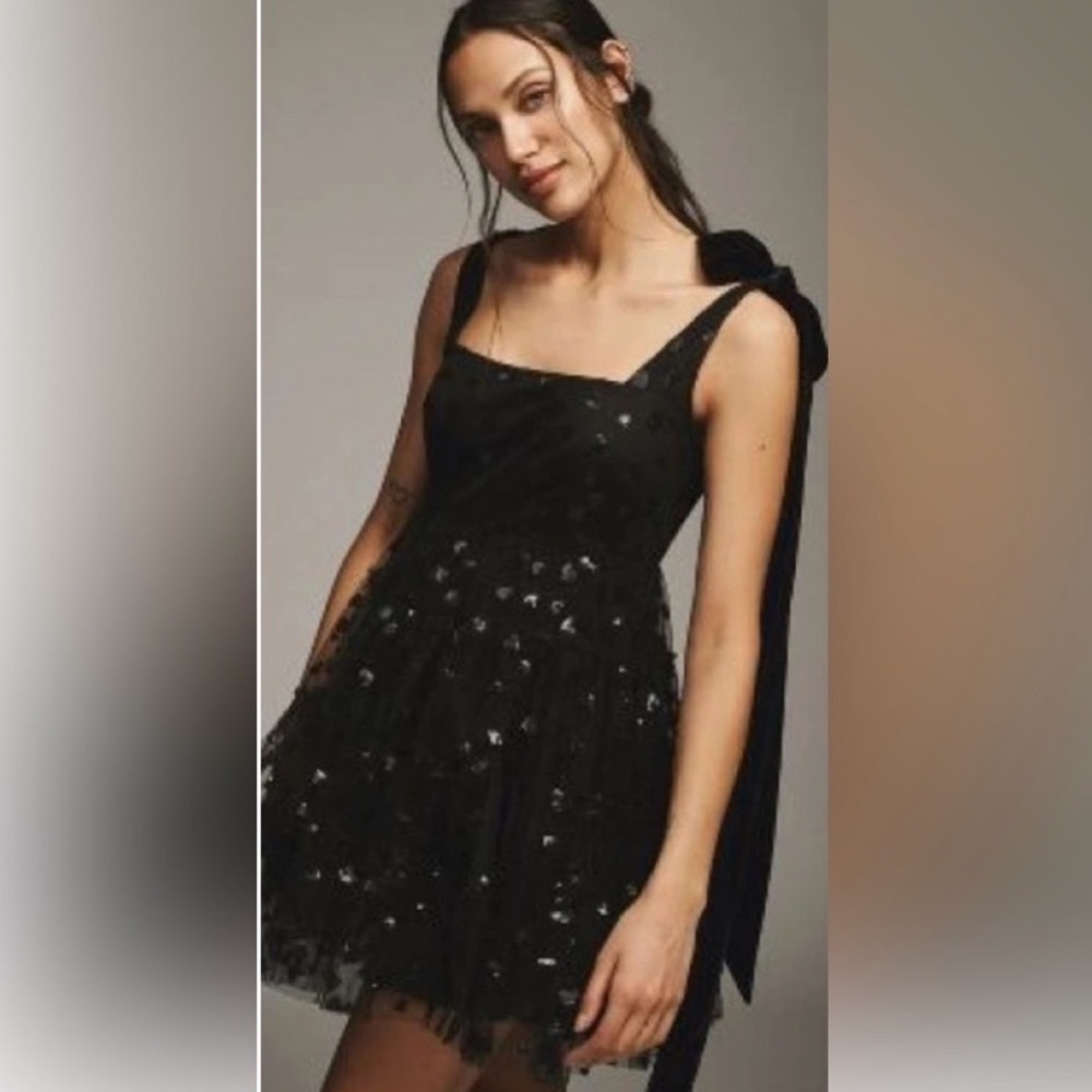 Anthropologie Geisha Designs Mini Dress Black Heart Sequin Tulle Velvet Bows 6 - Picture 10 of 10